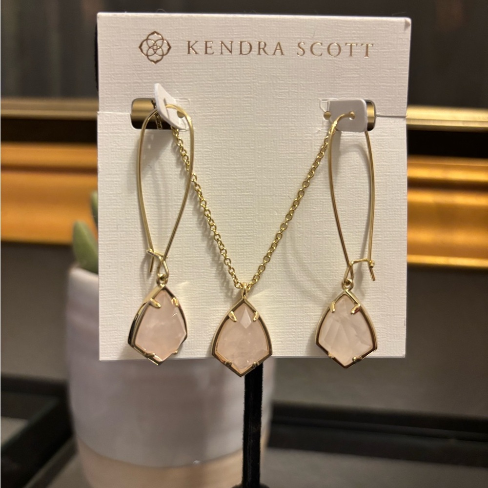 Kendra Scott Rose Quartz Gold Cory Necklace & Carrine Earrings